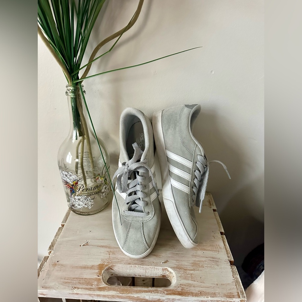 Gray Adidas Suede Sneakers with White Stripes 7